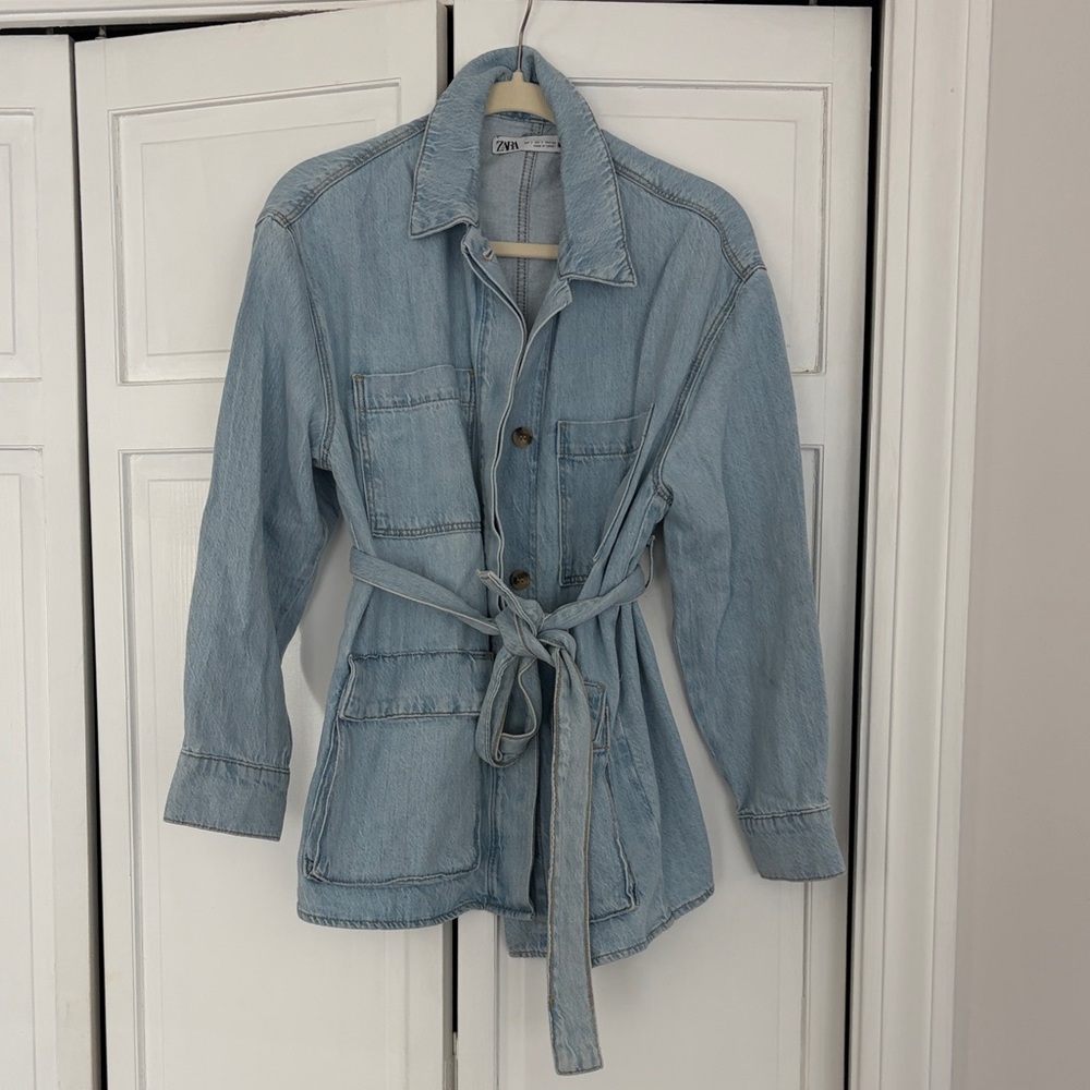 Zara Light Wash Denim Jacket with Waist Tie